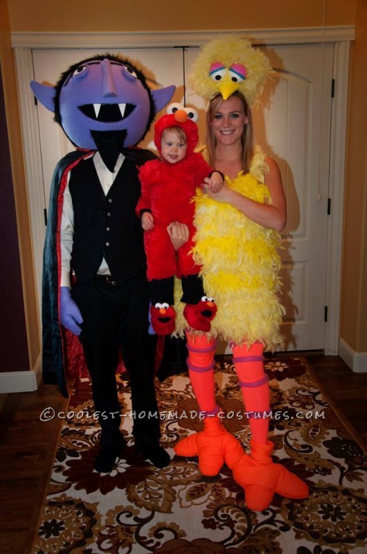 Cool DIY Count, Big Bird and Baby Elmo Family Halloween Costumes