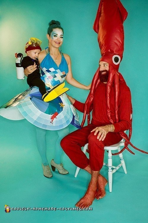 Life Aquatic Family with Jacques Cousteau Baby Scuba, Ocean Mom and Giant Squid Dad