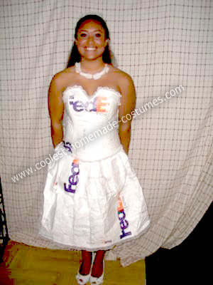She was wearing a wedding dress and stuck stamps all over the dress
