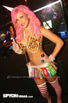 This costume was inspired by my sheer LOVE of candy. The entire costume aside from the stockings was made entirely of candy or from its wrappers. I w