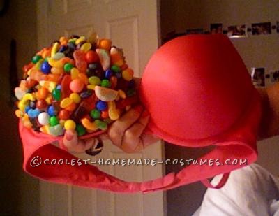This costume was inspired by my sheer LOVE of candy. The entire costume aside from the stockings was made entirely of candy or from its wrappers. I w