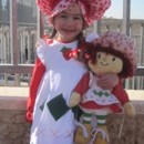 This costume was home sewn. I had a doll of the old version of strawberry shortcake and I basically copied it. I used a regular dress pattern and add
