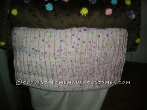 The Cuppy Cake costume was easy to make. The bottom is flannel material, pink with small colored dots and I pleated the material to make it look like