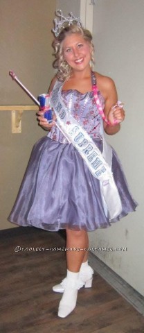 The TV show Toddlers and Tiara's was my inspiration for this Halloween Costume. To achieve this look I took an old floor length bridesmaid dress too