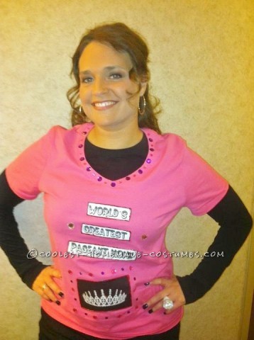 The TV show Toddlers and Tiara's was my inspiration for this Halloween Costume. To achieve this look I took an old floor length bridesmaid dress too