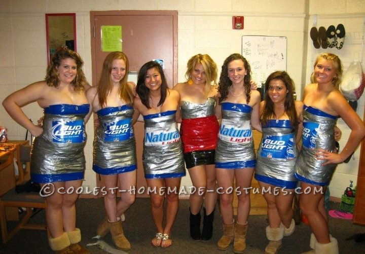 We made these costumes with 3 items; Lots of Duct Tape, a trashbag, and the cardboard box from a 36 pack of beer.  To make the costume, you defi