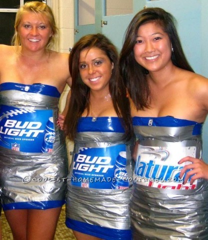 We made these costumes with 3 items; Lots of Duct Tape, a trashbag, and the cardboard box from a 36 pack of beer.  To make the costume, you defi