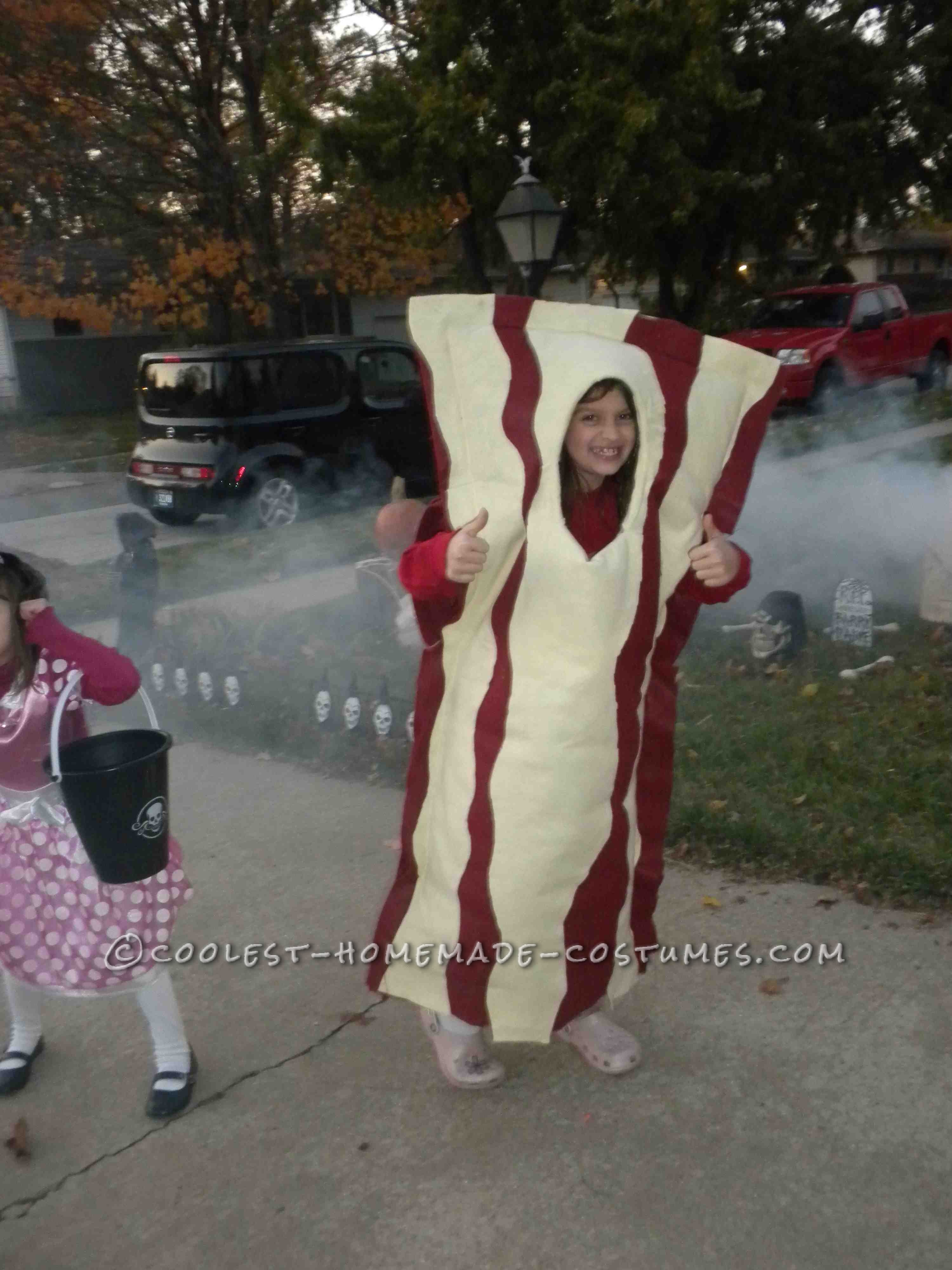 My daughter 9 year old daughter loves bacon so much she asked if she could be BACON for Halloween.  At first I thought she was joking but after