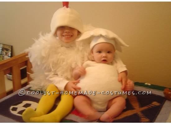 Which comes first the chicken or the egg? That question may be impossible but these costumes are pretty simple to construct. The chicken is just a sh