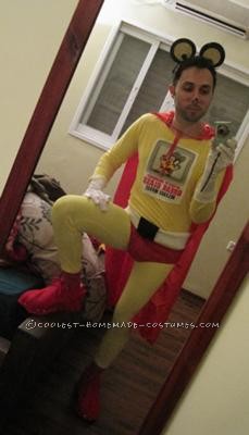 I copied from the guy from \"Coolest Homemade Mighty Mouse Costume 2\", really loved his costume! Added a mighty mouse sticker on the chest: In c