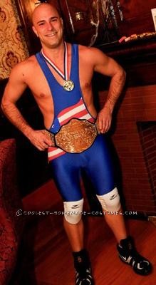 had a fake gold medal from my Michael Phelps costume the year before. I got the all american flag wrestling singlet online. bought wwf belt from walm