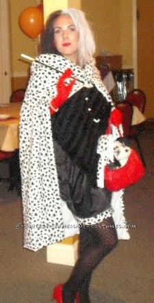 I bought a plain black dress, stuffed dalmation toy, and red heels from the local thrift store. I found the dalmation fabric at a local craft st