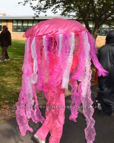 Jellyfish Costume
 
My daughter wanted to be a Jellyfish for Halloween.
 
We used an old bike helmet to keep the jellyfish on her head.