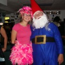 I was a pink flamingo and my boyfirend was a garden gnome- the Travelocity gnome to be exact.  My costume was pnk boas sewed to cover a shirt sk