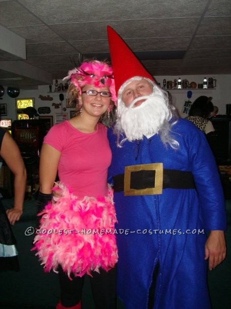 I was a pink flamingo and my boyfirend was a garden gnome- the Travelocity gnome to be exact.  My costume was pnk boas sewed to cover a shirt sk