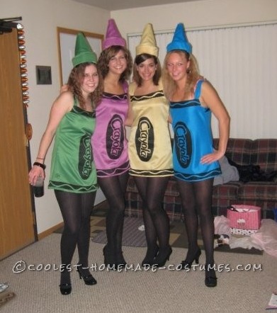 This was my friends and my costume 4 years ago. (I'm Razzmatazz)We started by finding a simple jumper dress pattern. My friend Ashleys mom was the s