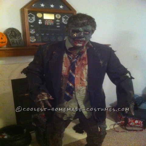 The Zombie costume, first I had to get some old clothes, from the good will. I only spent 13 dollars and I got a long sleeve shirt (pale green), and