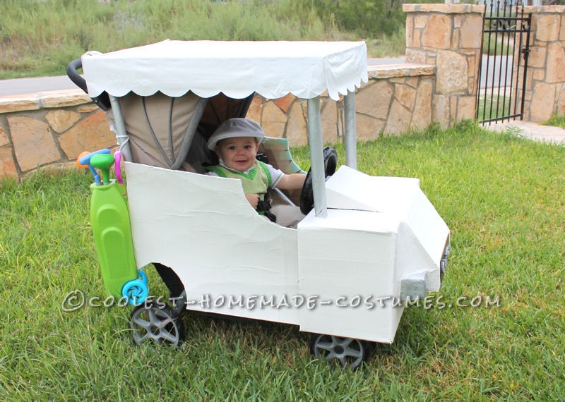 This baby Golfer in a Golf Cart stroller costume is so easy, all I used was: Single Stroller, large sheets of card board , several different si