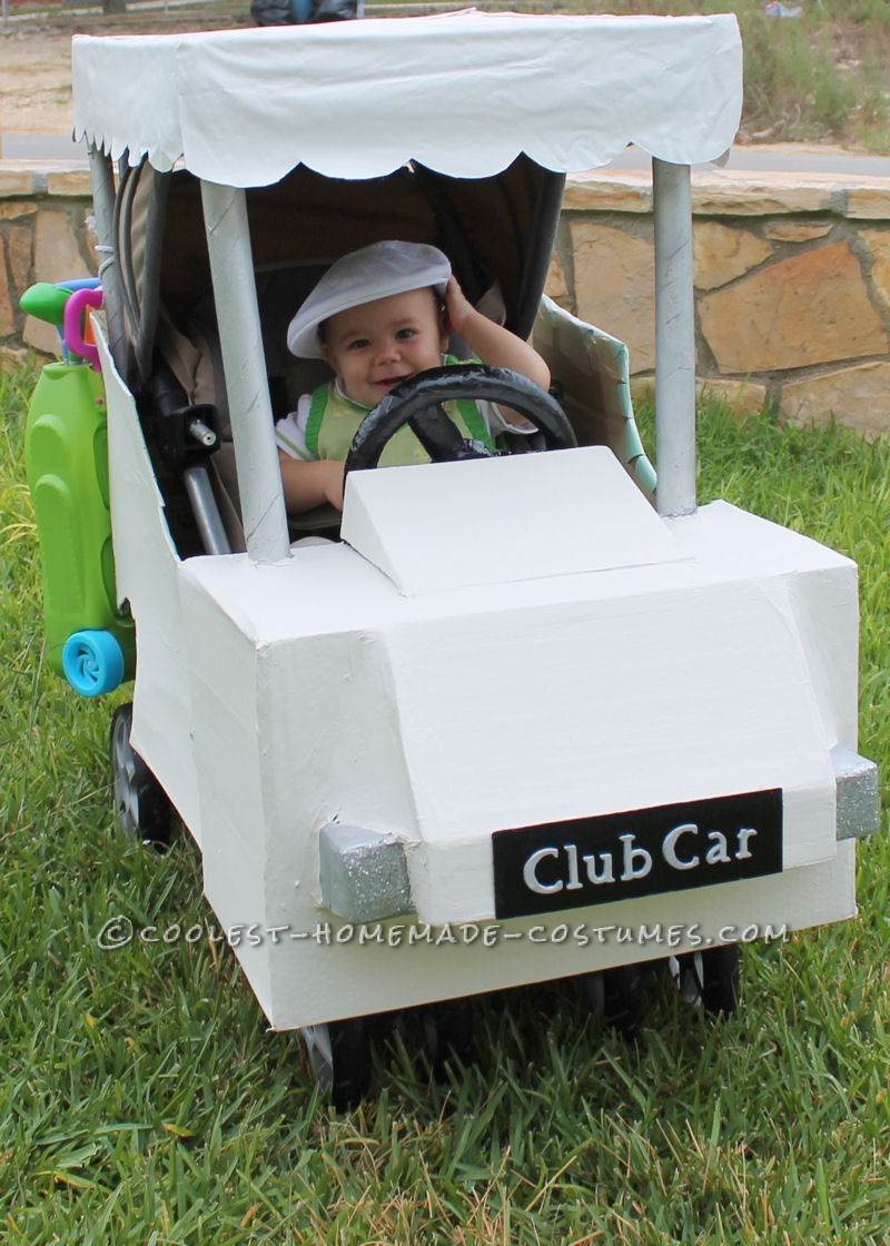 This baby Golfer in a Golf Cart stroller costume is so easy, all I used was: Single Stroller, large sheets of card board , several  different si