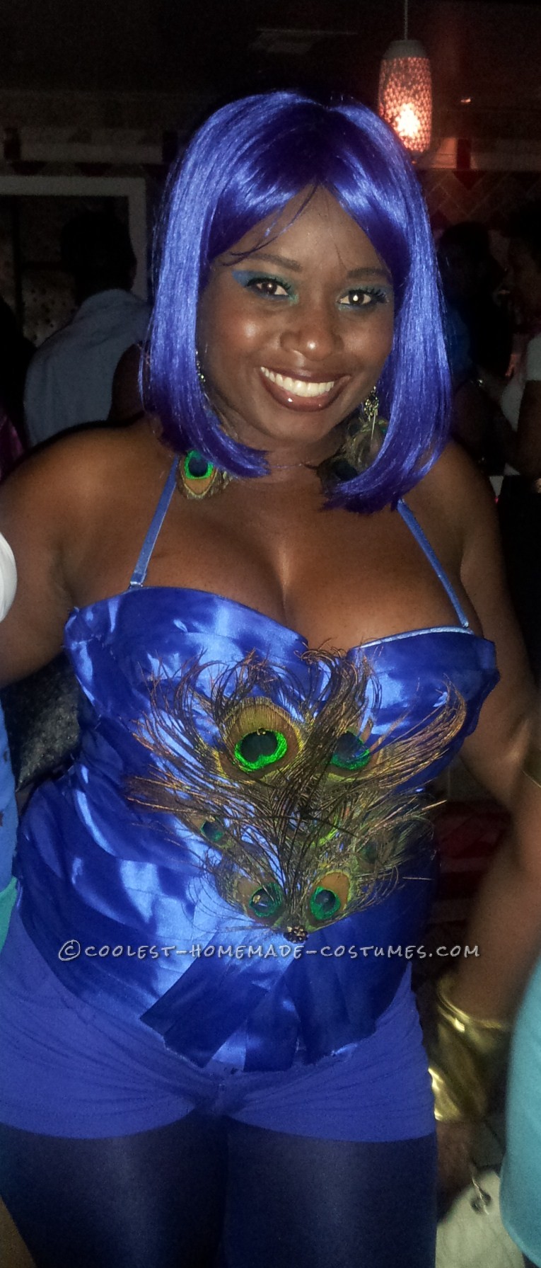 This costume was inspired by favorite color blue. I purchased a white corset from fredricks and covered with blue ribbon. The peacock feathers I took