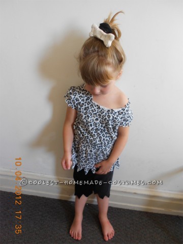 4yr old Pebbles - Pants were hand-sewn out of felt material. (Measurements were made by guesswork) Top - Oversized leopard print T-shirt cut up. And