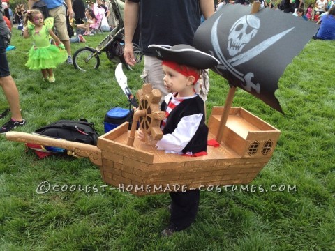 Here is my two year olds wearable pirate ship costume.  The costume is really light weight because it is made entirely of foam and a small amoun