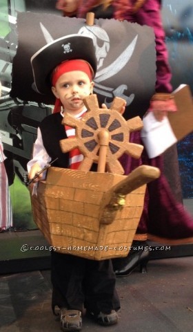 Here is my two year olds wearable pirate ship costume.  The costume is really light weight because it is made entirely of foam and a small amoun