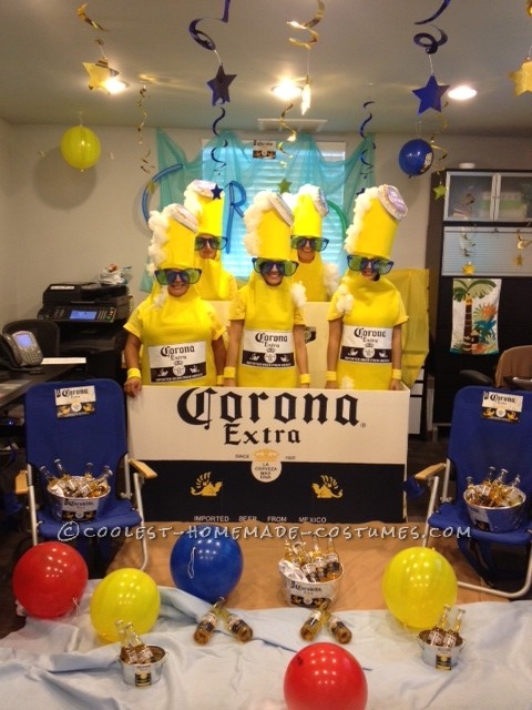 Corona 6 pack costumes was originated from an idea we seen on pinterest but with bud light logo. We used a lot of yelow felt and man it was hot