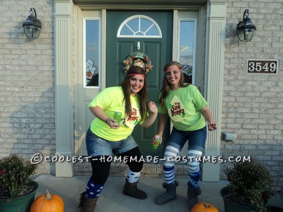 The sun drop girl costume DIY!Neon Tshirt jean shortsleggingshigh socks (I used my volleyball socks)boots/sneakersred pre wrappa