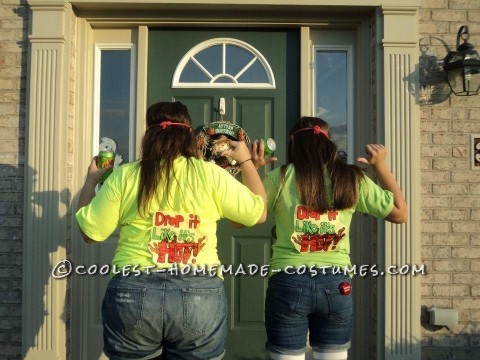 The sun drop girl costume DIY!Neon Tshirt jean shortsleggingshigh socks (I used my volleyball socks)boots/sneakersred pre wrappa