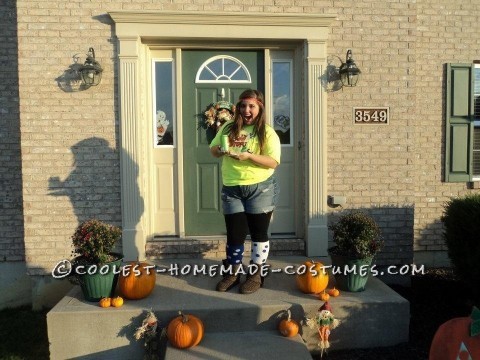 The sun drop girl costume DIY!Neon Tshirt jean shortsleggingshigh socks (I used my volleyball socks)boots/sneakersred pre wrappa