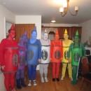 The whole gang got together to make these costumes, we got different color hard paper for the body were we drew crayola down them and painted it blac