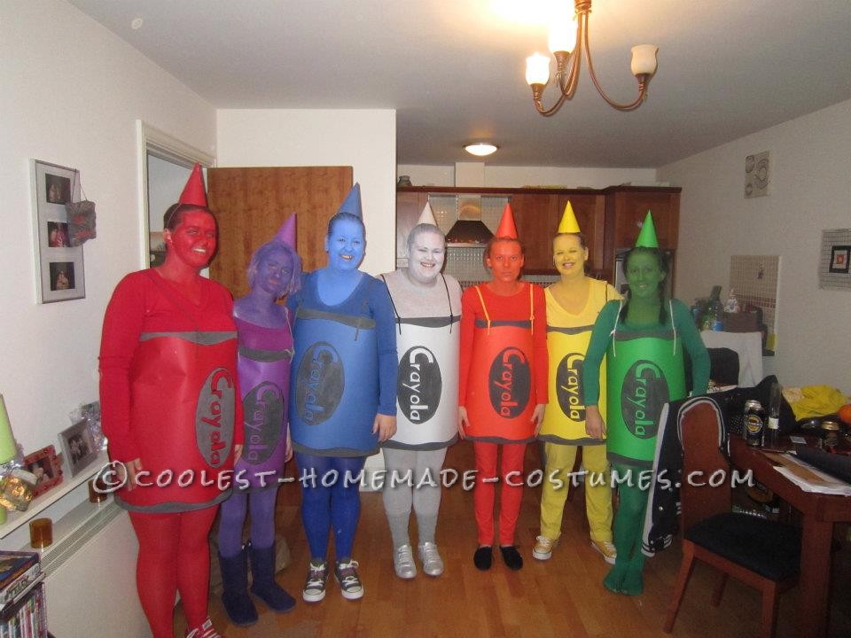 The whole gang got together to make these costumes, we got different color hard paper for the body were we drew crayola down them and painted it blac