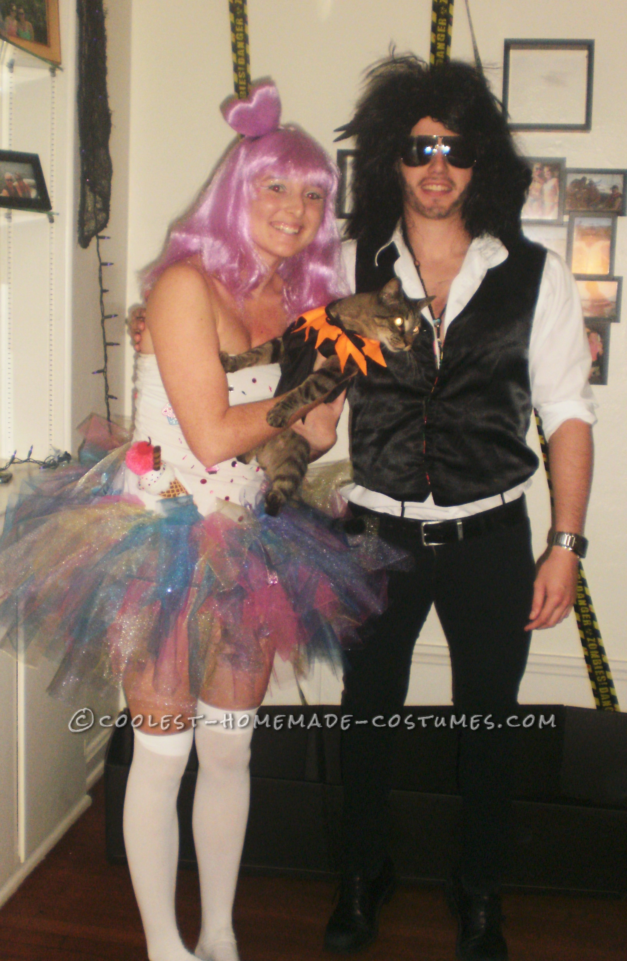 This a fun couples costume :) For Katy I used a plain white tube top.I glued gems, peppermints, a Christmas ornament (Ice cream cone) , iron on cupca