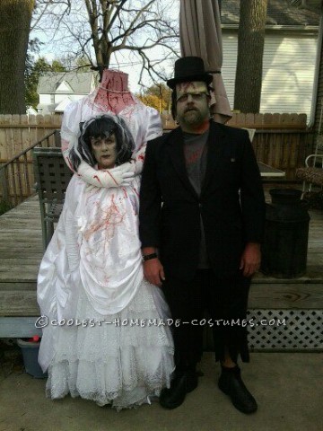 For Halloween 2012, I was the Headless Bride of Frankenstein and my husband was Frankenstein.  My costume was made from a thrift store wedding d