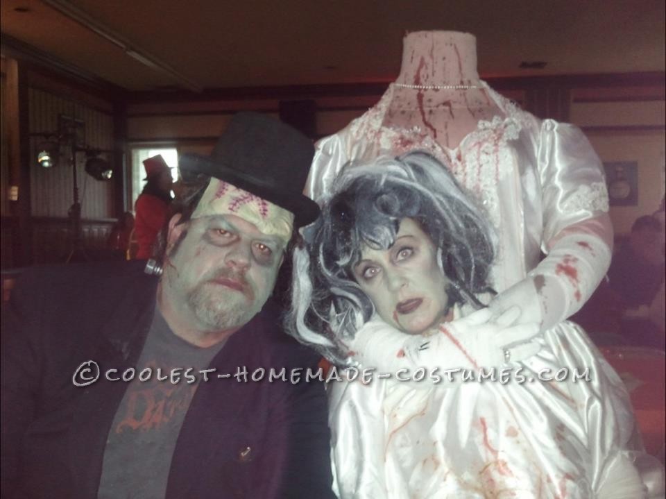 For Halloween 2012, I was the Headless Bride of Frankenstein and my husband was Frankenstein.  My costume was made from a thrift store wedding d