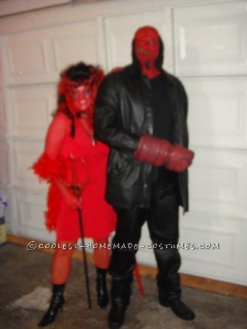 The makeup took 5 hours but well worth it.First I painted my black boyfriend red with theater paint and then took a latex caveman mask cut off peic