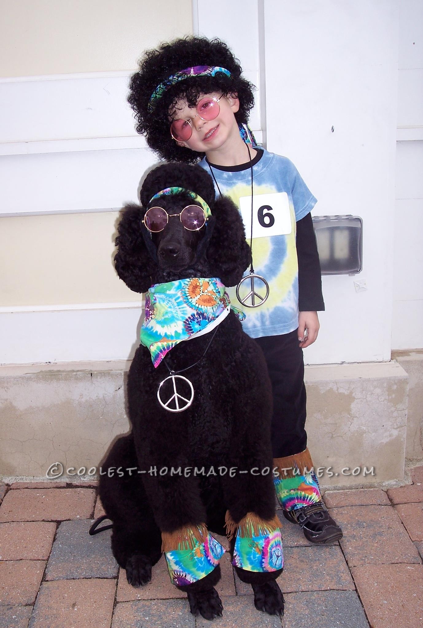 The hippie costume came about since our dog already comes with his own \"fro.\"  I bought about 2 yards of tie-dyed fabric, and 1.5 yards of