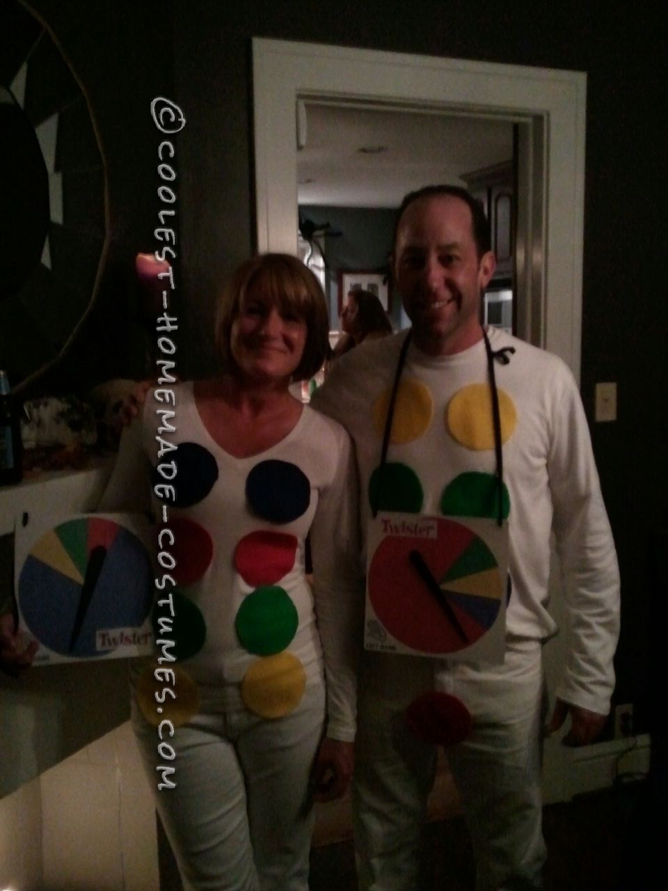 I saw the twister idea on your website originally but just for a guy.  We decided to make it a couples costume. We both wore white on top and bo
