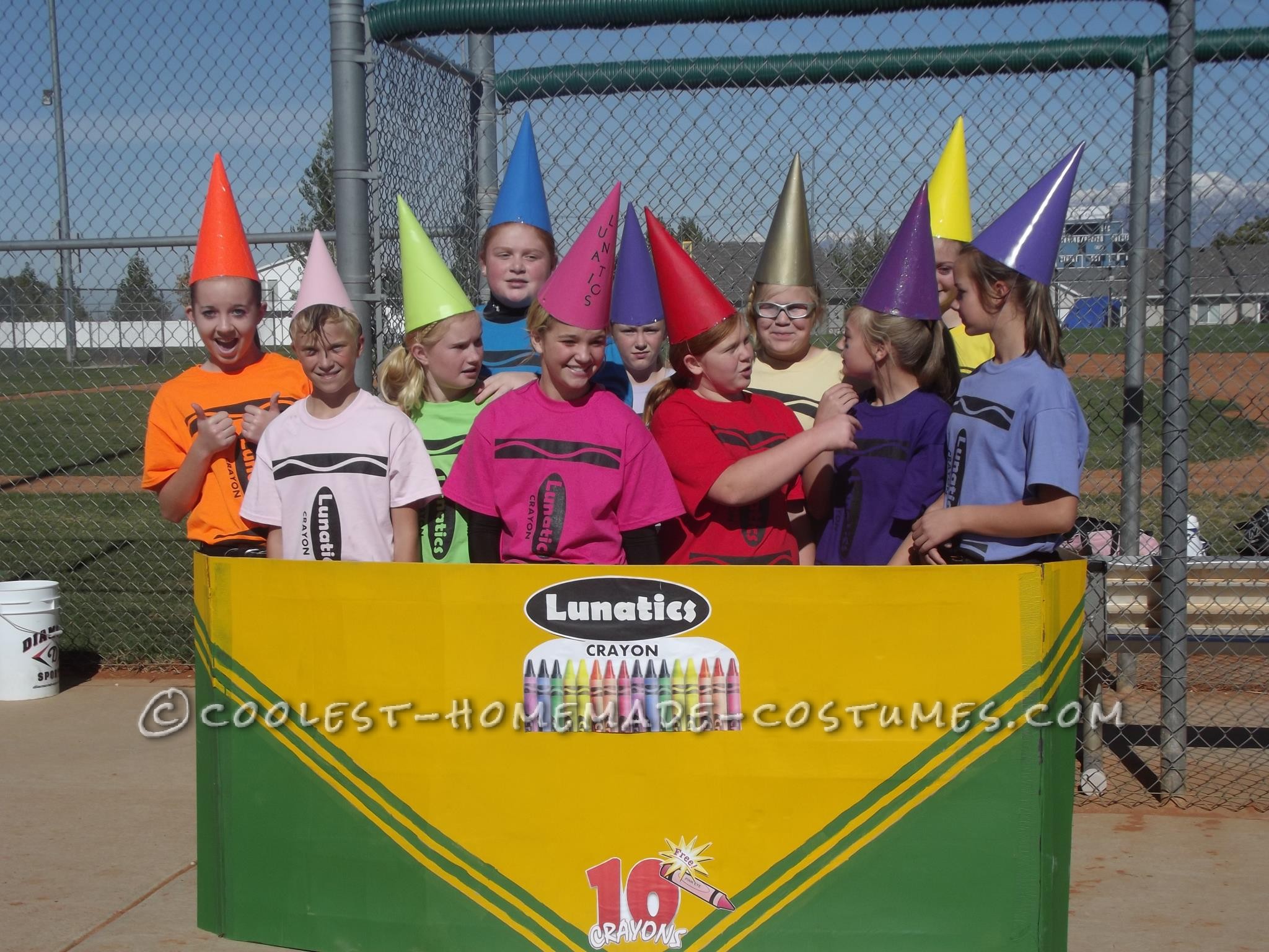 This was half homemade.  Our 12 and 13 year old LUNATICS softball team played a Halloween tournament dressed as "Lunatics" brand crayons.