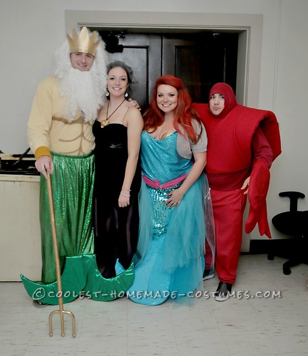 All of these costumes were pieced together by things that we found at a thrift store. The Ariel costume was a dress that we cut to look like a skirt.