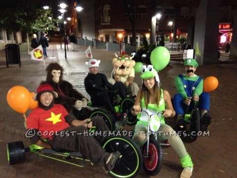 On the weeks preceeding halloween week 2012 our group put together six different mario kart character costumes complete with matching adult size big