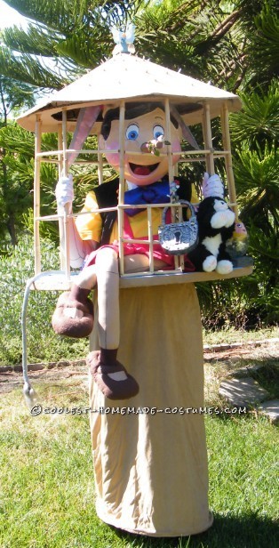 Pinocchio's and his friends Jiminy Cricket, Figaro, and Cleo. I improved on my naughty Pinocchio cage costume by adding a paper mache Pinocchio head