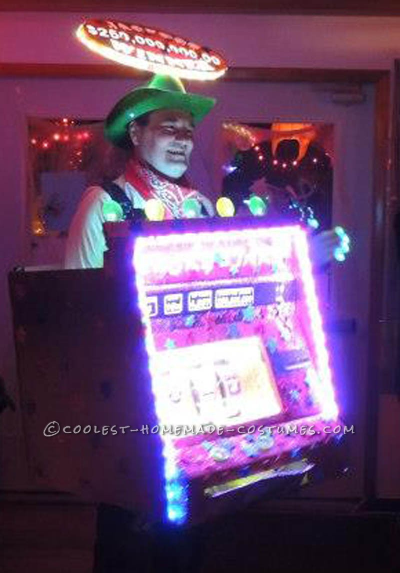 I got the idea to make this working Slot Machine costume while on a bus-trip to a nearby cascino.   The costume is made, excluding lighting and