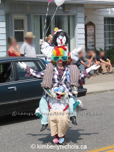 I created this costume for the first time with only two clowns about 15 years ago. Then I re-did it completely, adding the top clown. These photos ar