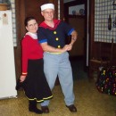 The Popeye costume was a combination of: a simple navy v-neck, a cut-out from a red polo, corn cob pipe, sailor hat, yellow bias tape belt, navy heat