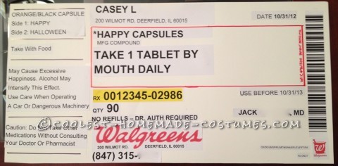 I am a pharmacist and work for Walgreens so when someone suggested I do something work related for the office costume contest, a prescription bottle