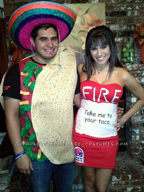 The taco costume you can find at any halloween Store. For the Hot sauce packet i bought a simple red dress from Forever 21. I went to joann's and bo
