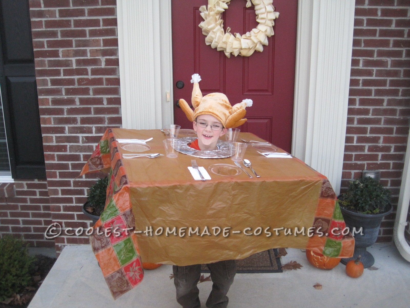 Last year my son decided to be a Thanksgiving table.  This costume was super easy to create!  I just cut two squares out of cardboar