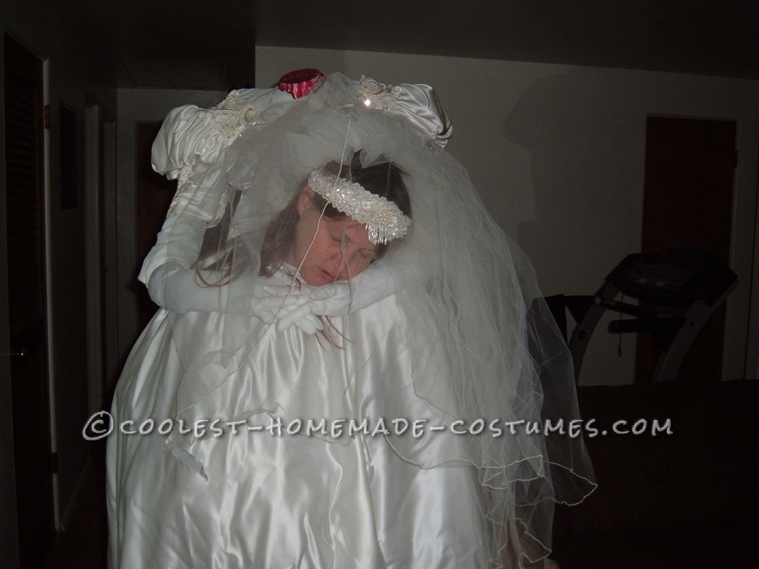 This particular costume was inspired by an old wedding dress found in a vacated rental property. 
I borrowed a backpack and some tentpoles from